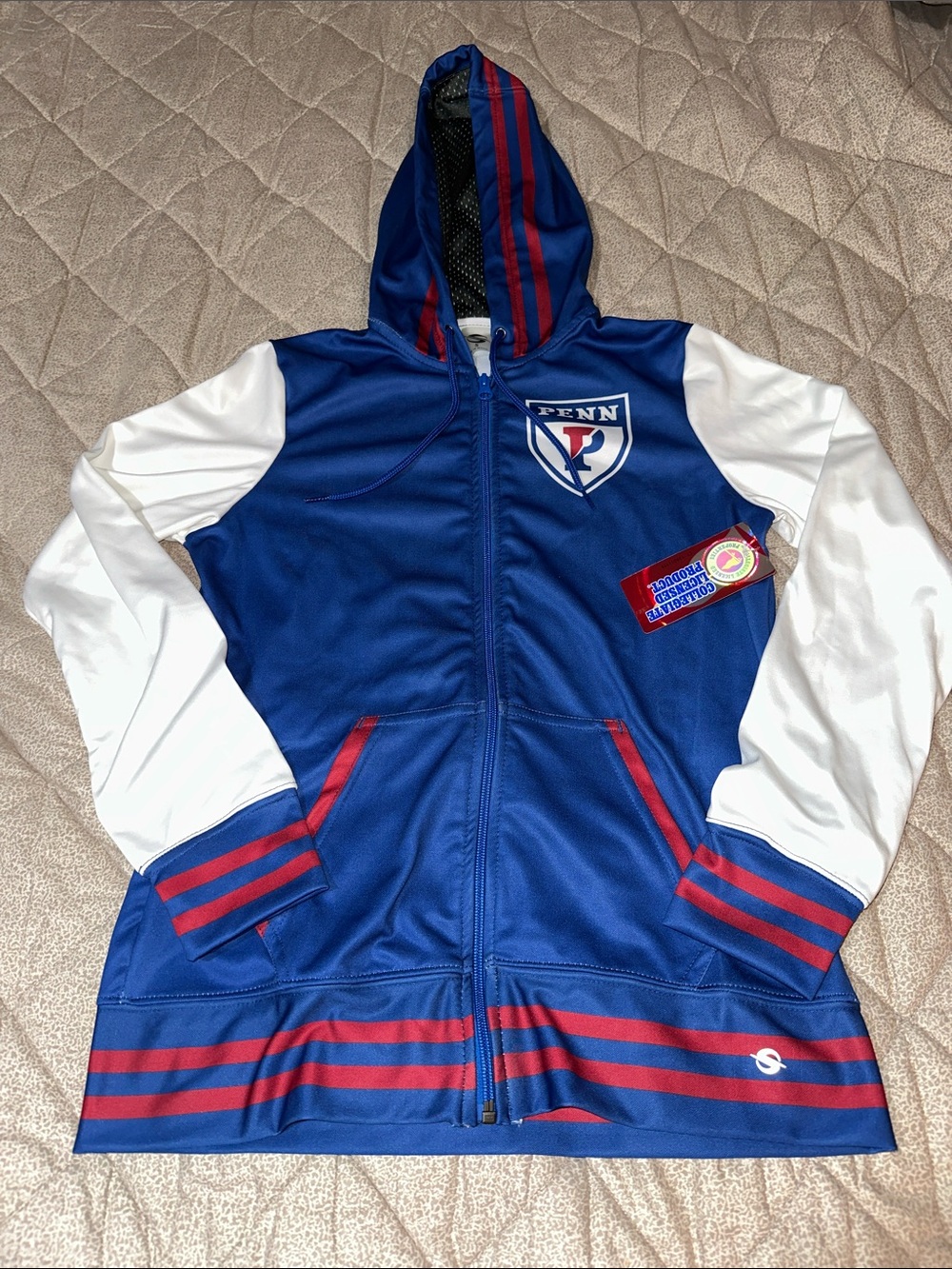Penn Blue & White Full-Zip Hooded Jacket with Red Trim